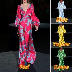 Floral Print, Bell Sleeved, Low Cut Maxidress